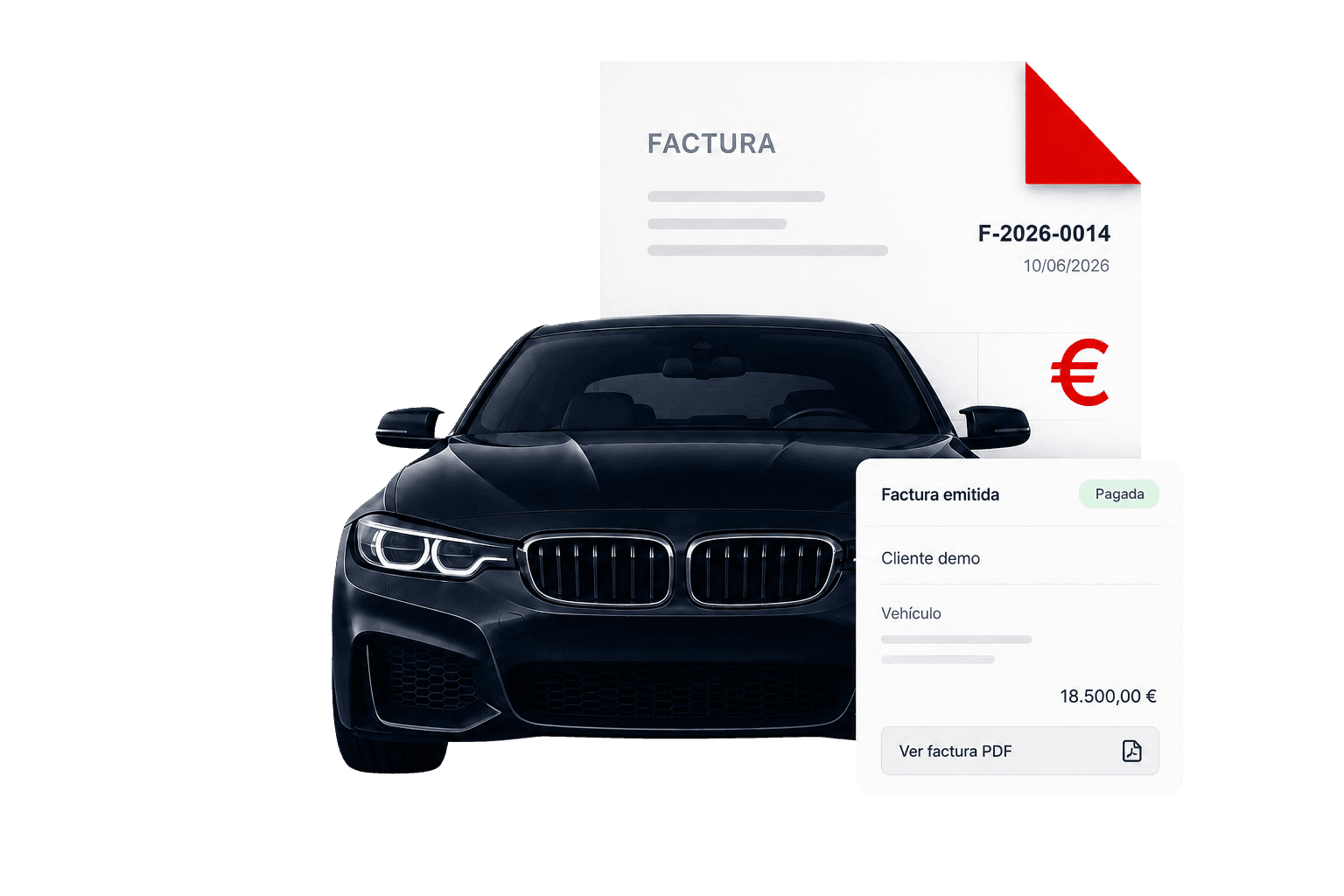 Coche de compraventa junto a una factura generada con FactuCar